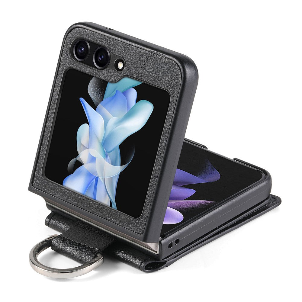 Samsung Galaxy Z Flip7 FE 5G / Z Flip6 5G-mobilcover med kortholder, støttefod, PU+PC-beskyttelse og fingerring