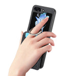 Samsung Galaxy Z Flip7 FE 5G / Z Flip6 5G-mobilcover med kortholder, støttefod, PU+PC-beskyttelse og fingerring