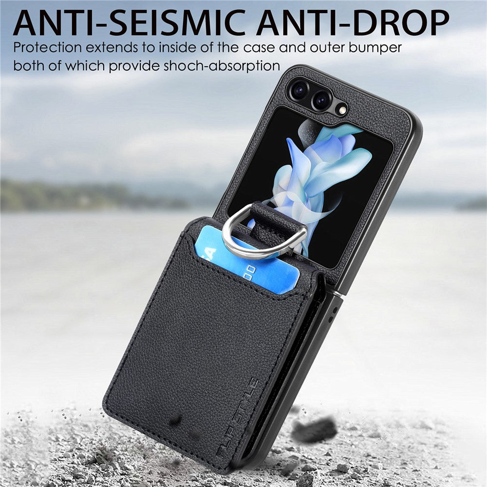 Samsung Galaxy Z Flip7 FE 5G / Z Flip6 5G-mobilcover med kortholder, støttefod, PU+PC-beskyttelse og fingerring