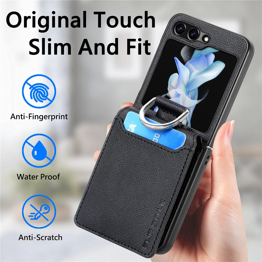 Samsung Galaxy Z Flip7 FE 5G / Z Flip6 5G-mobilcover med kortholder, støttefod, PU+PC-beskyttelse og fingerring