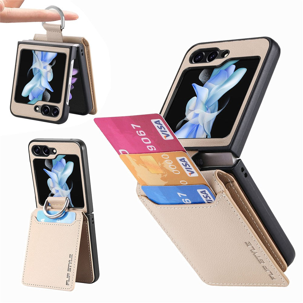 Samsung Galaxy Z Flip7 FE 5G / Z Flip6 5G-mobilcover med kortholder, støttefod, PU+PC-beskyttelse og fingerring