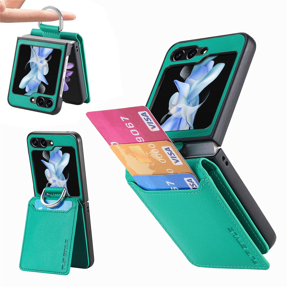 Samsung Galaxy Z Flip7 FE 5G / Z Flip6 5G-mobilcover med kortholder, støttefod, PU+PC-beskyttelse og fingerring