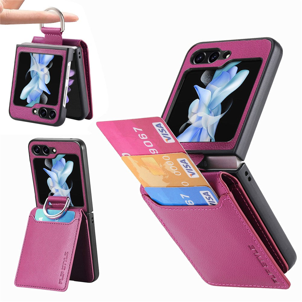 Samsung Galaxy Z Flip7 FE 5G / Z Flip6 5G-mobilcover med kortholder, støttefod, PU+PC-beskyttelse og fingerring