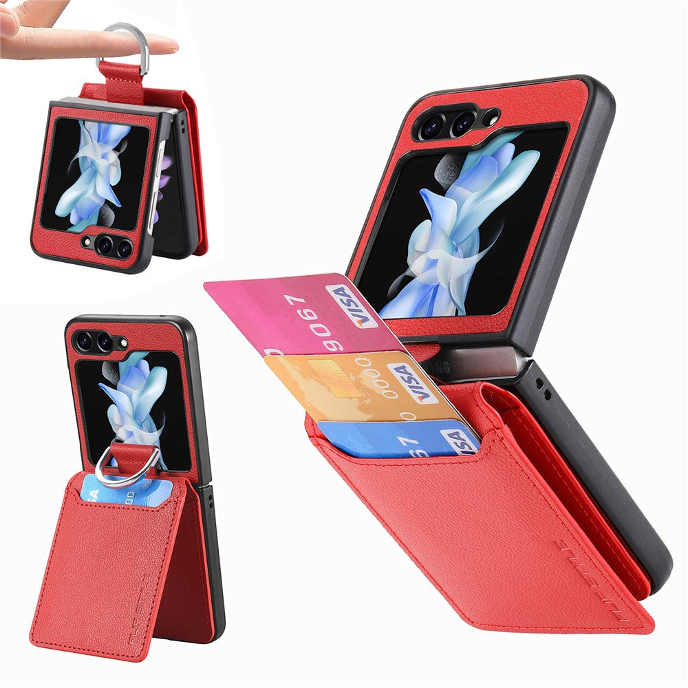 Samsung Galaxy Z Flip7 FE 5G / Z Flip6 5G-mobilcover med kortholder, støttefod, PU+PC-beskyttelse og fingerring