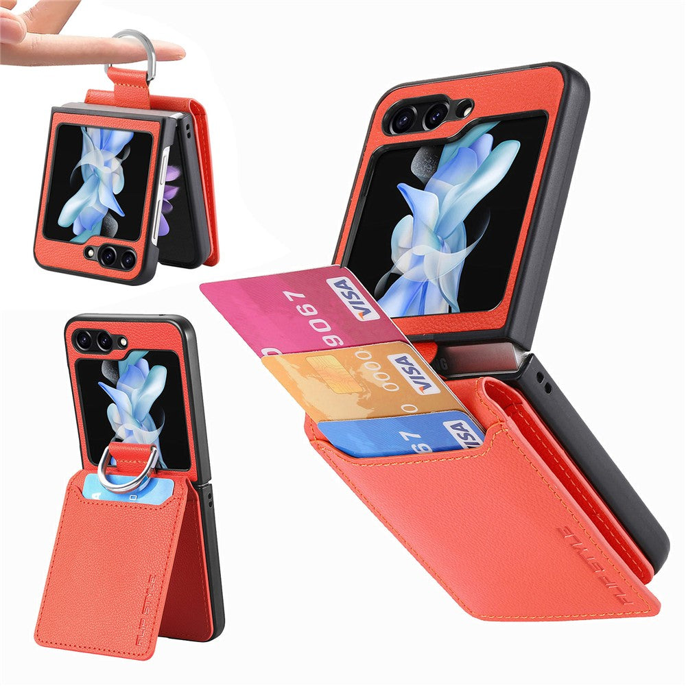 Samsung Galaxy Z Flip7 FE 5G / Z Flip6 5G-mobilcover med kortholder, støttefod, PU+PC-beskyttelse og fingerring