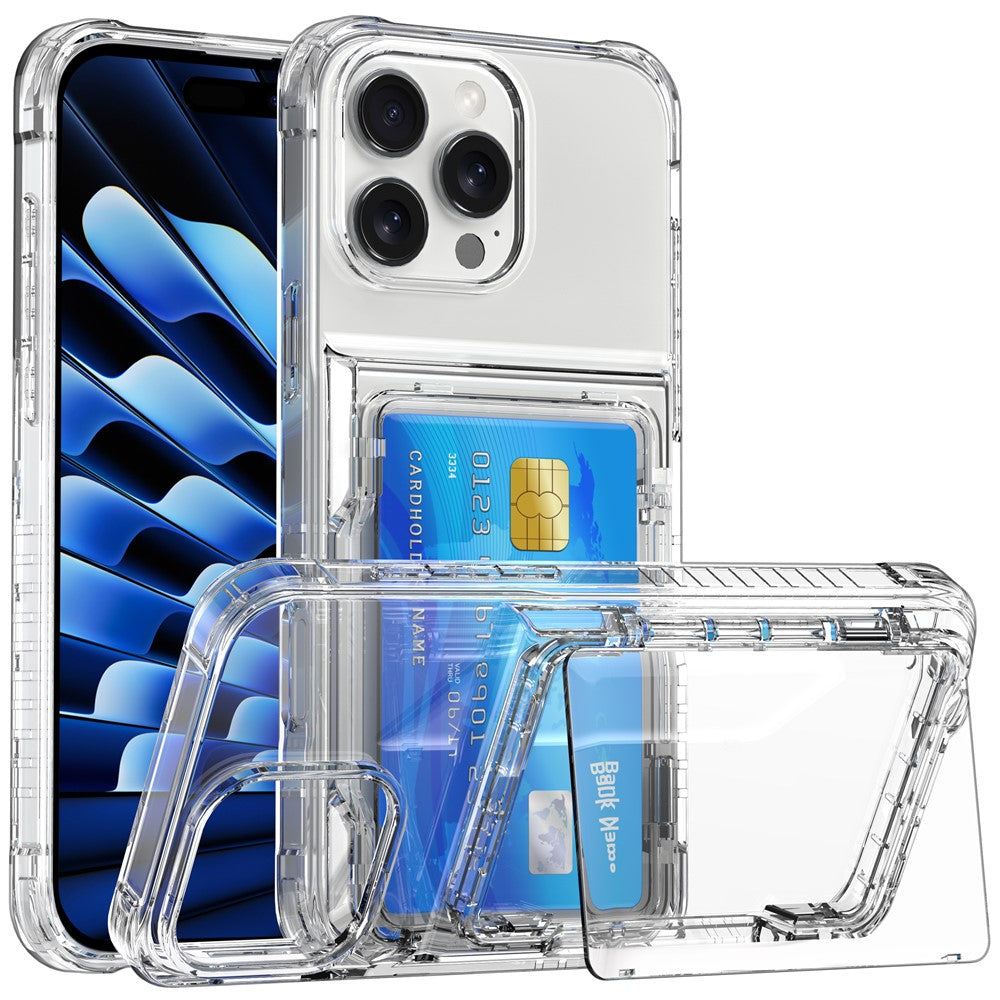 For iPhone 16 Pro Max Clear Case PC+TPU Phone Cover Card Holder Kickstand