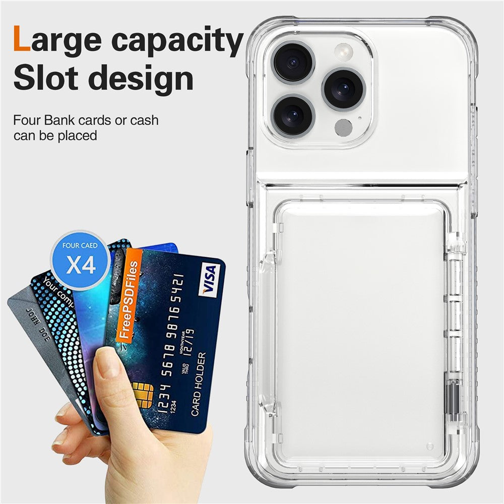 For iPhone 16 Pro Max Clear Case PC+TPU Phone Cover Card Holder Kickstand