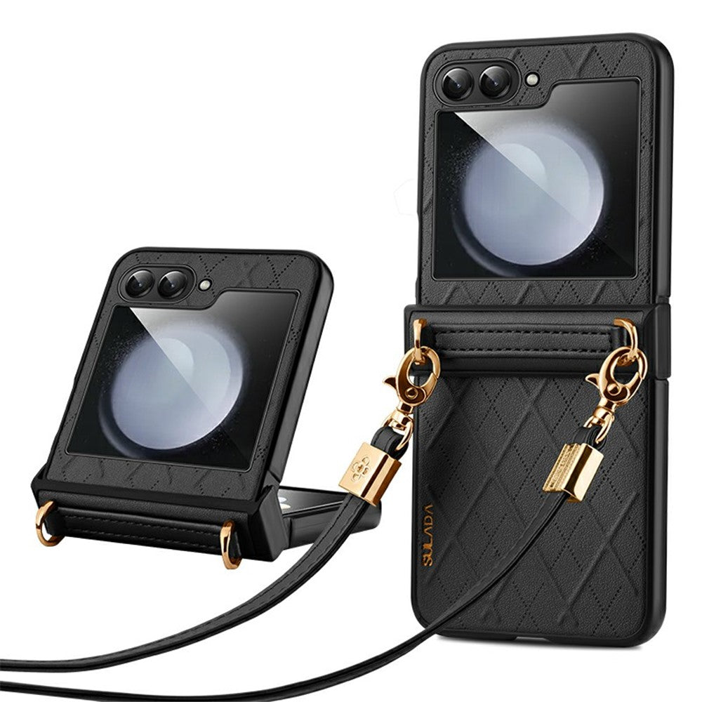 SULADA For Samsung Galaxy Z Flip7 FE 5G / Z Flip6 5G Case Rhombus Leather+PC Phone Cover with Shoulder Strap