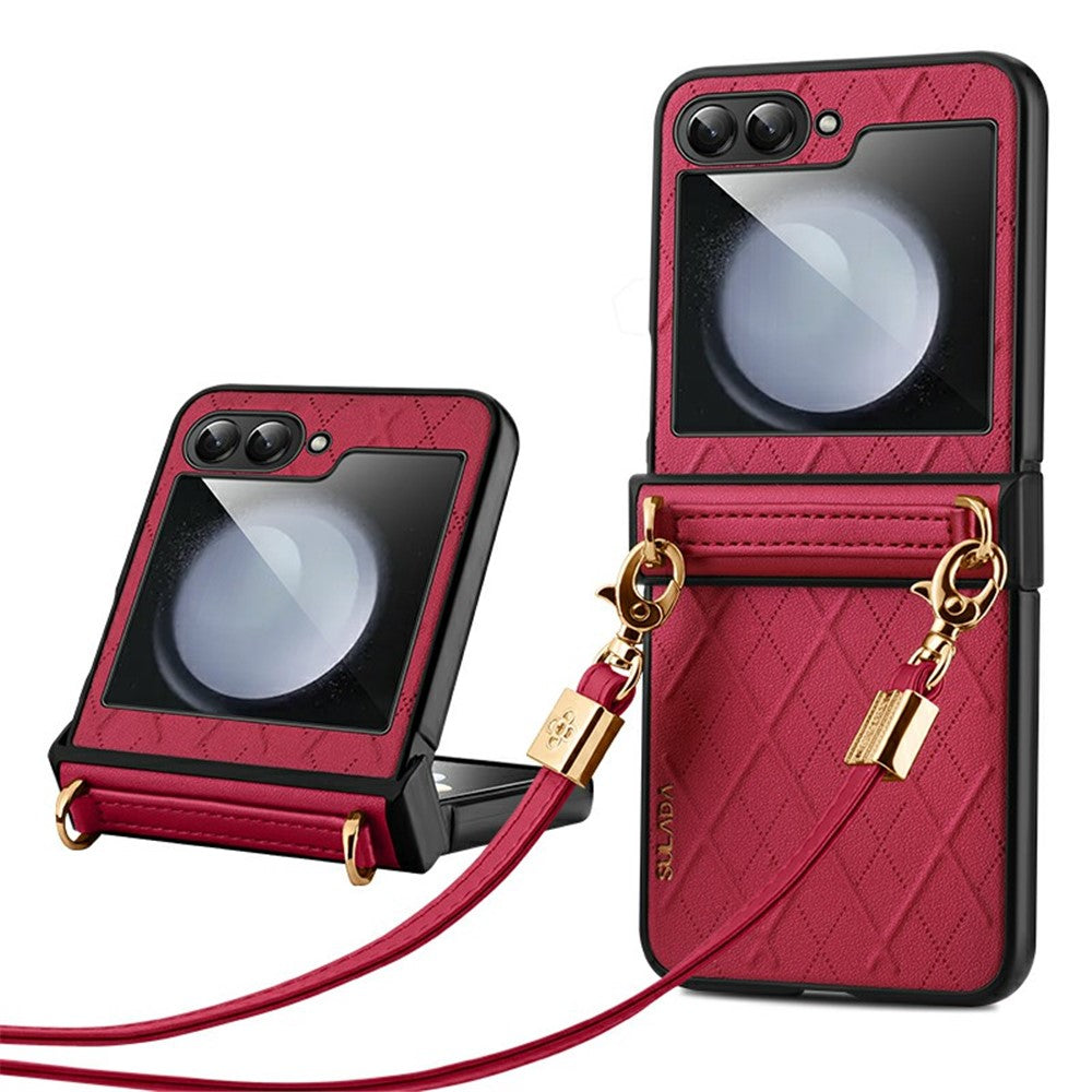 SULADA For Samsung Galaxy Z Flip7 FE 5G / Z Flip6 5G Case Rhombus Leather+PC Phone Cover with Shoulder Strap