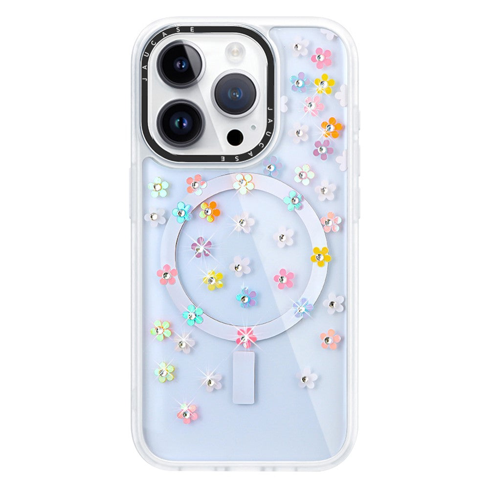 JAUCASE For iPhone 14 Pro Max Case Rhinestone Flower Pattern Phone Cover Compatible with MagSafe