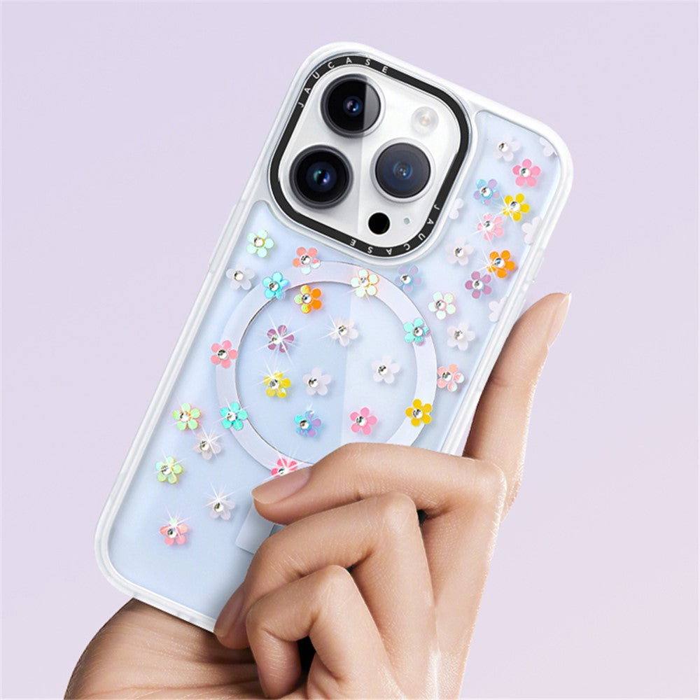 JAUCASE For iPhone 14 Pro Max Case Rhinestone Flower Pattern Phone Cover Compatible with MagSafe