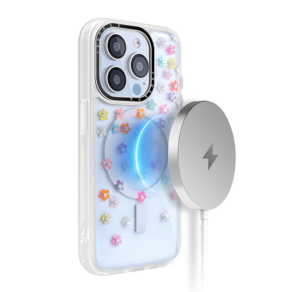 JAUCASE For iPhone 14 Pro Max Case Rhinestone Flower Pattern Phone Cover Compatible with MagSafe