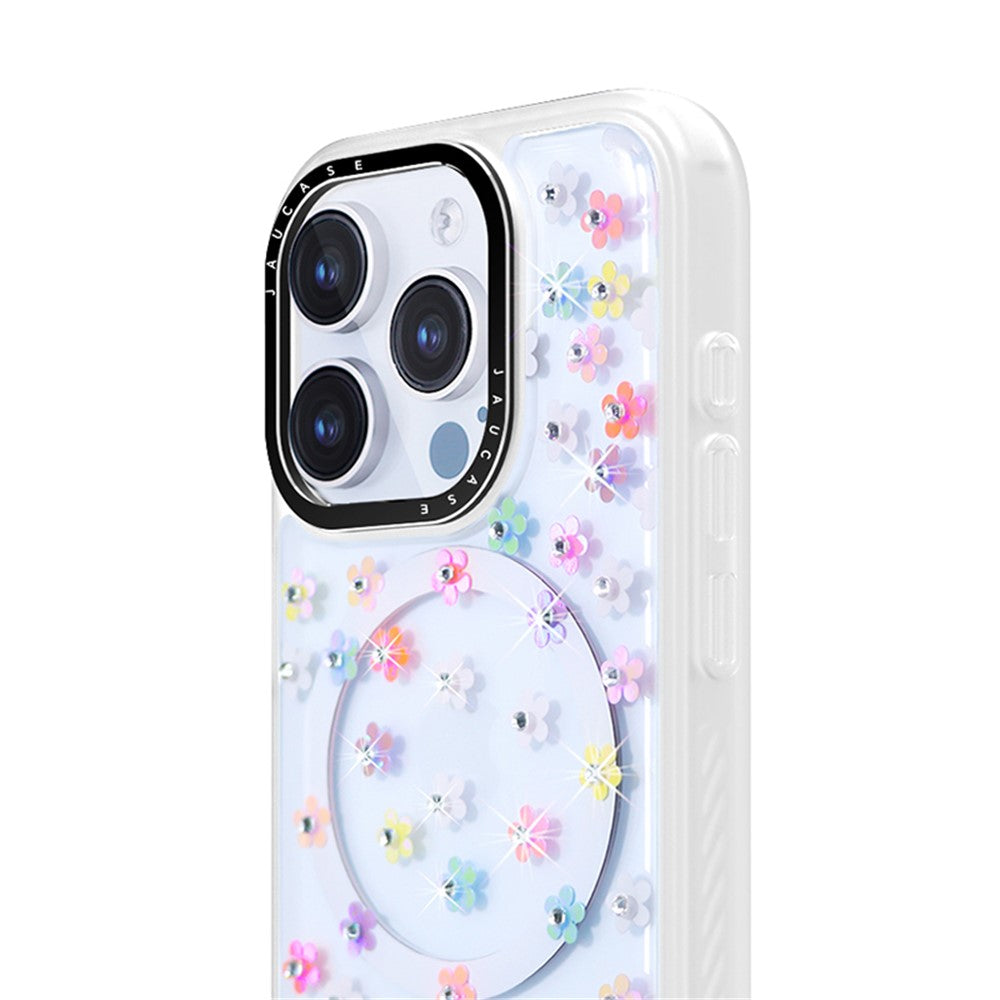 JAUCASE For iPhone 14 Pro Max Case Rhinestone Flower Pattern Phone Cover Compatible with MagSafe