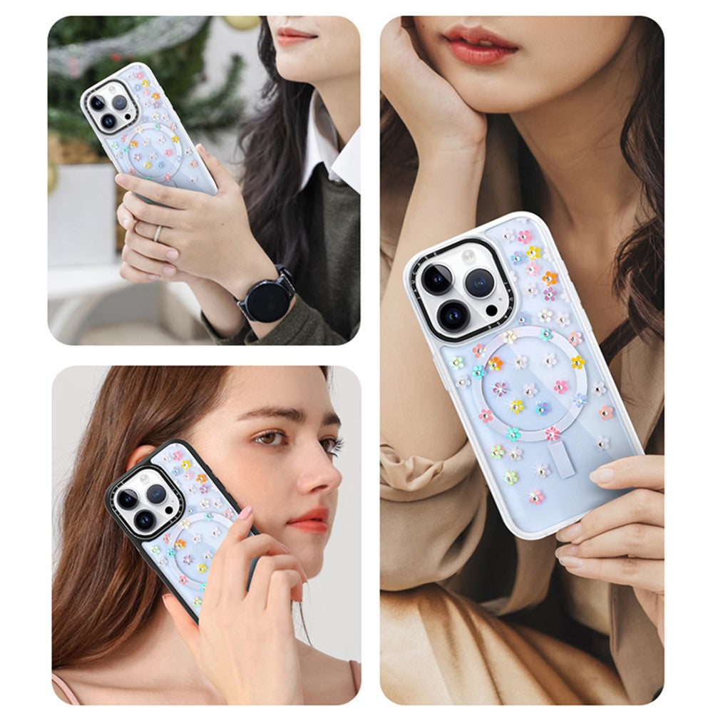 JAUCASE For iPhone 14 Pro Max Case Rhinestone Flower Pattern Phone Cover Compatible with MagSafe