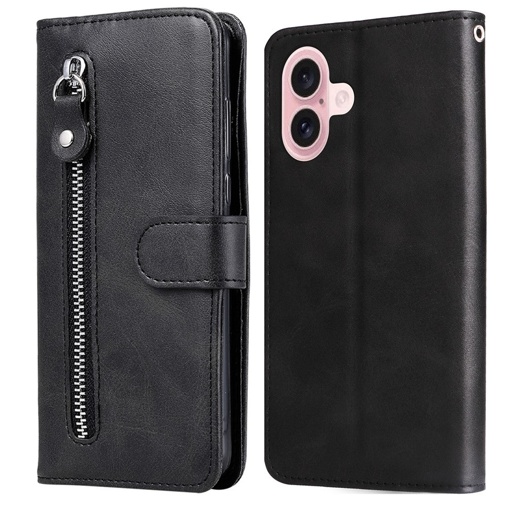 For iPhone 16 Case Zipper Pocket Wallet Shockproof PU Leather Phone Cover