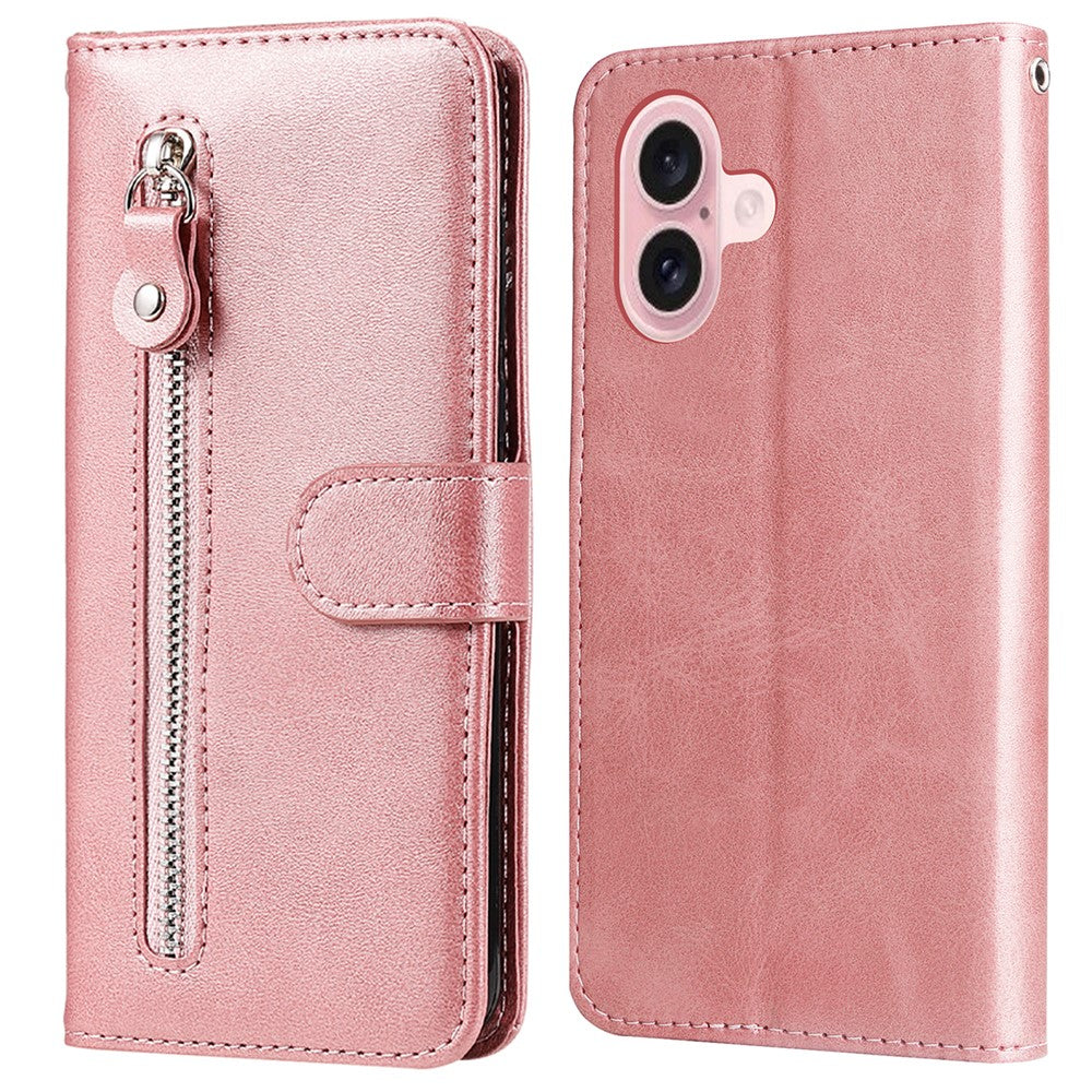 For iPhone 16 Case Zipper Pocket Wallet Shockproof PU Leather Phone Cover
