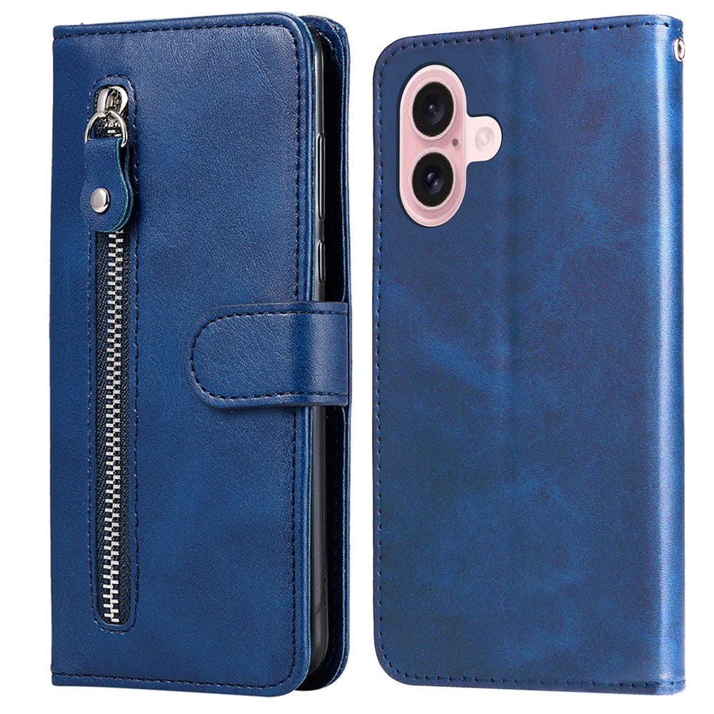 For iPhone 16 Case Zipper Pocket Wallet Shockproof PU Leather Phone Cover