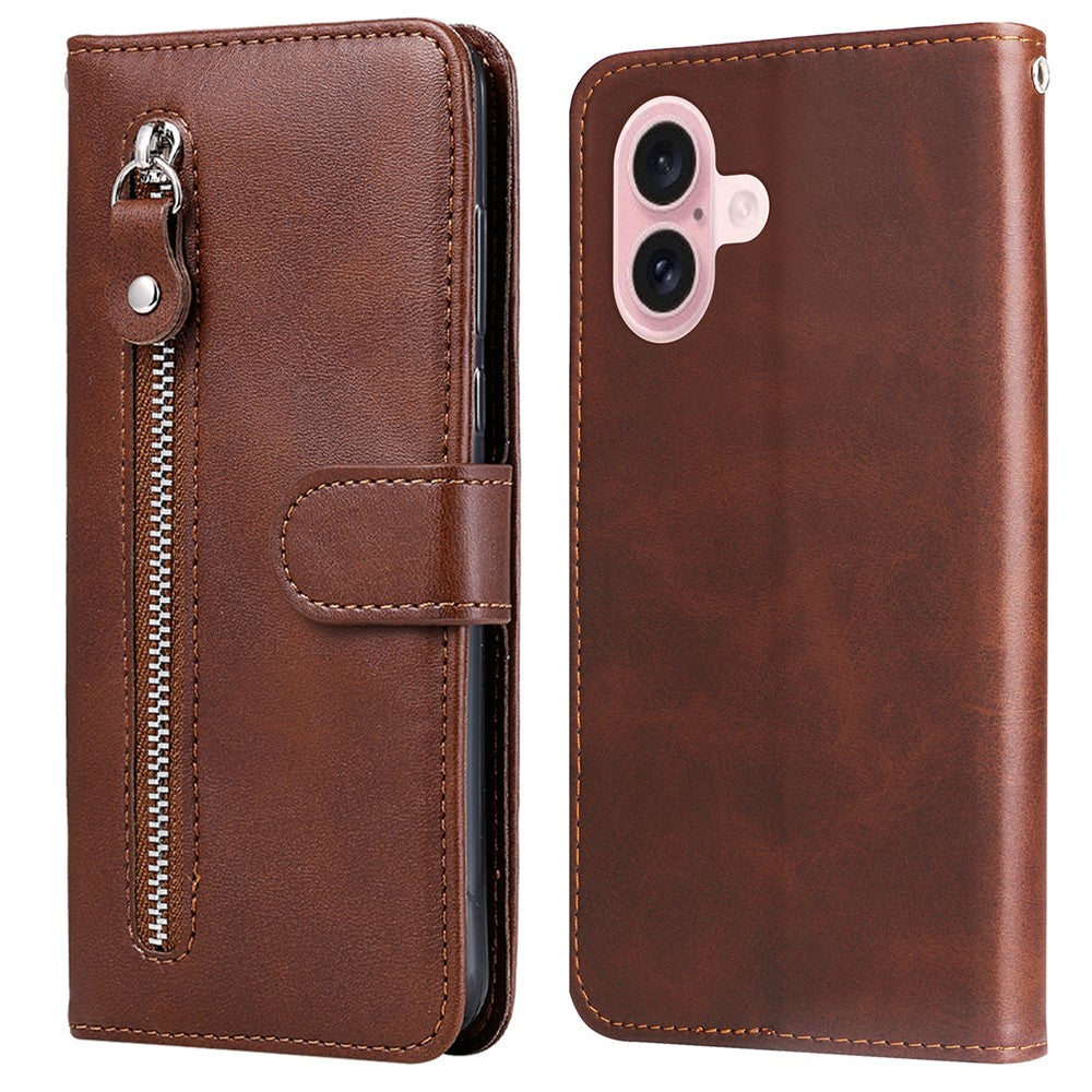 For iPhone 16 Case Zipper Pocket Wallet Shockproof PU Leather Phone Cover