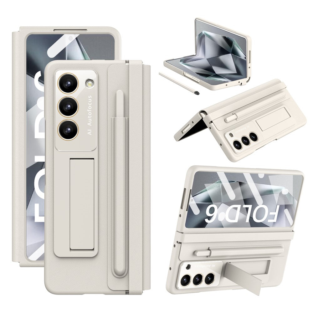 For Samsung Galaxy Z Fold6 5G Case Hinge Protection Leather Back Cover with Front Screen Film / Stylus