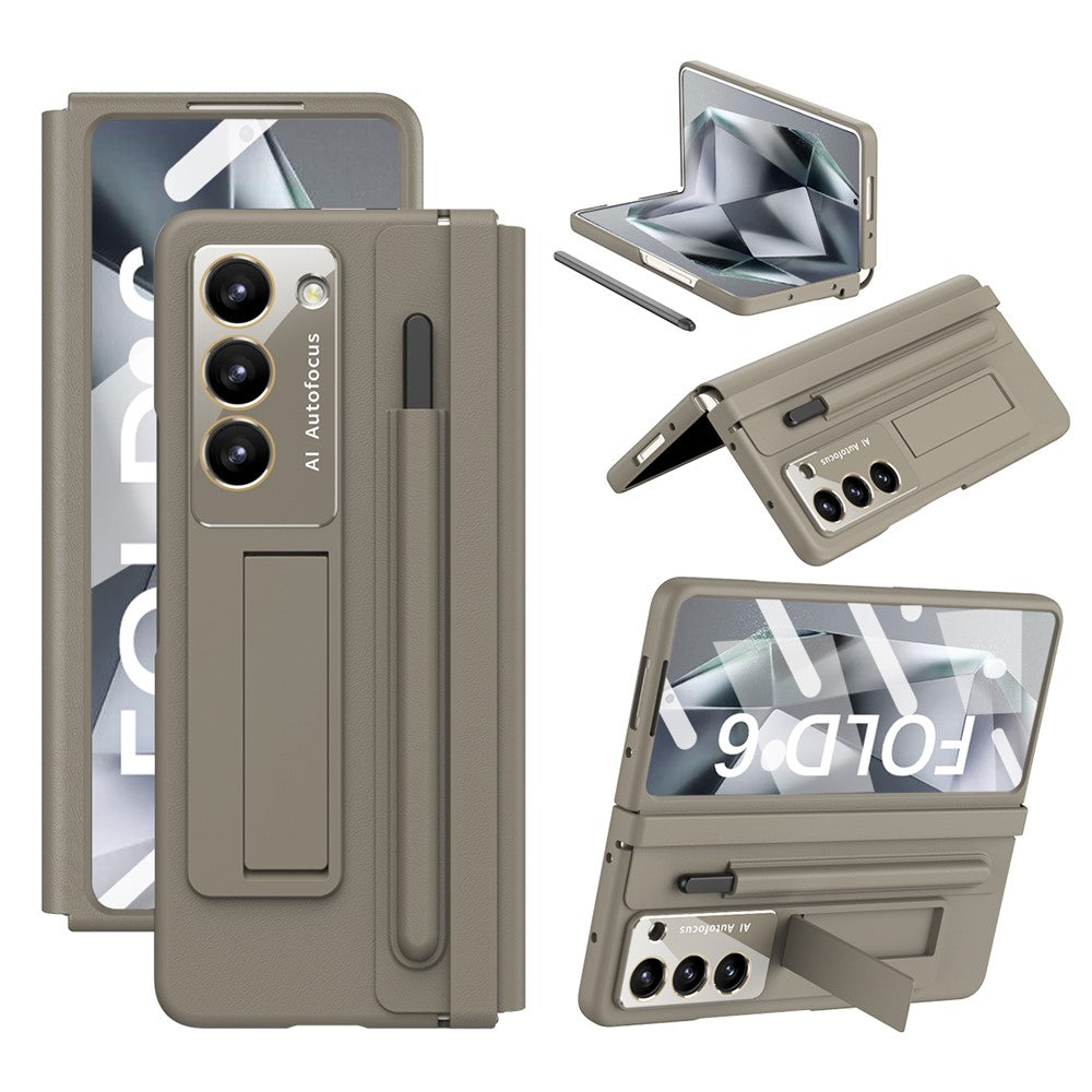 For Samsung Galaxy Z Fold6 5G Case Hinge Protection Leather Back Cover with Front Screen Film / Stylus