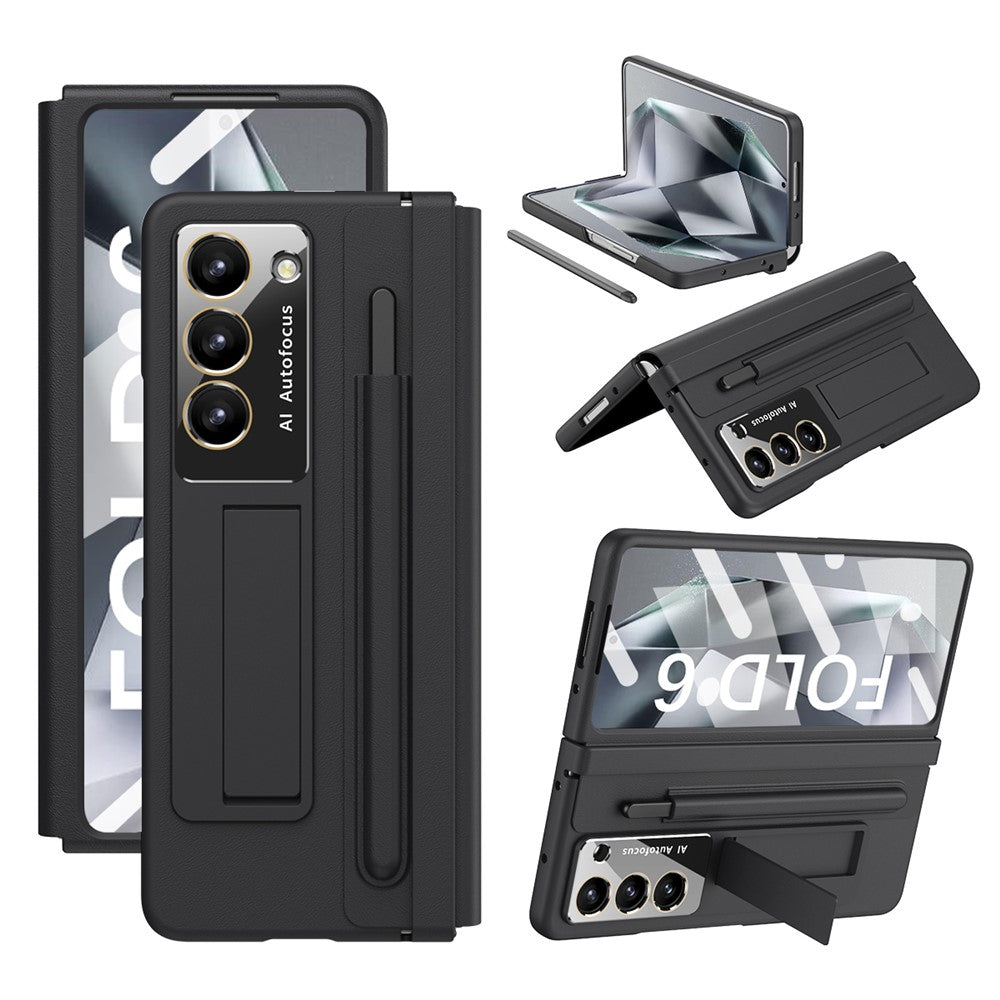 For Samsung Galaxy Z Fold6 5G Case Hinge Protection Leather Back Cover with Front Screen Film / Stylus
