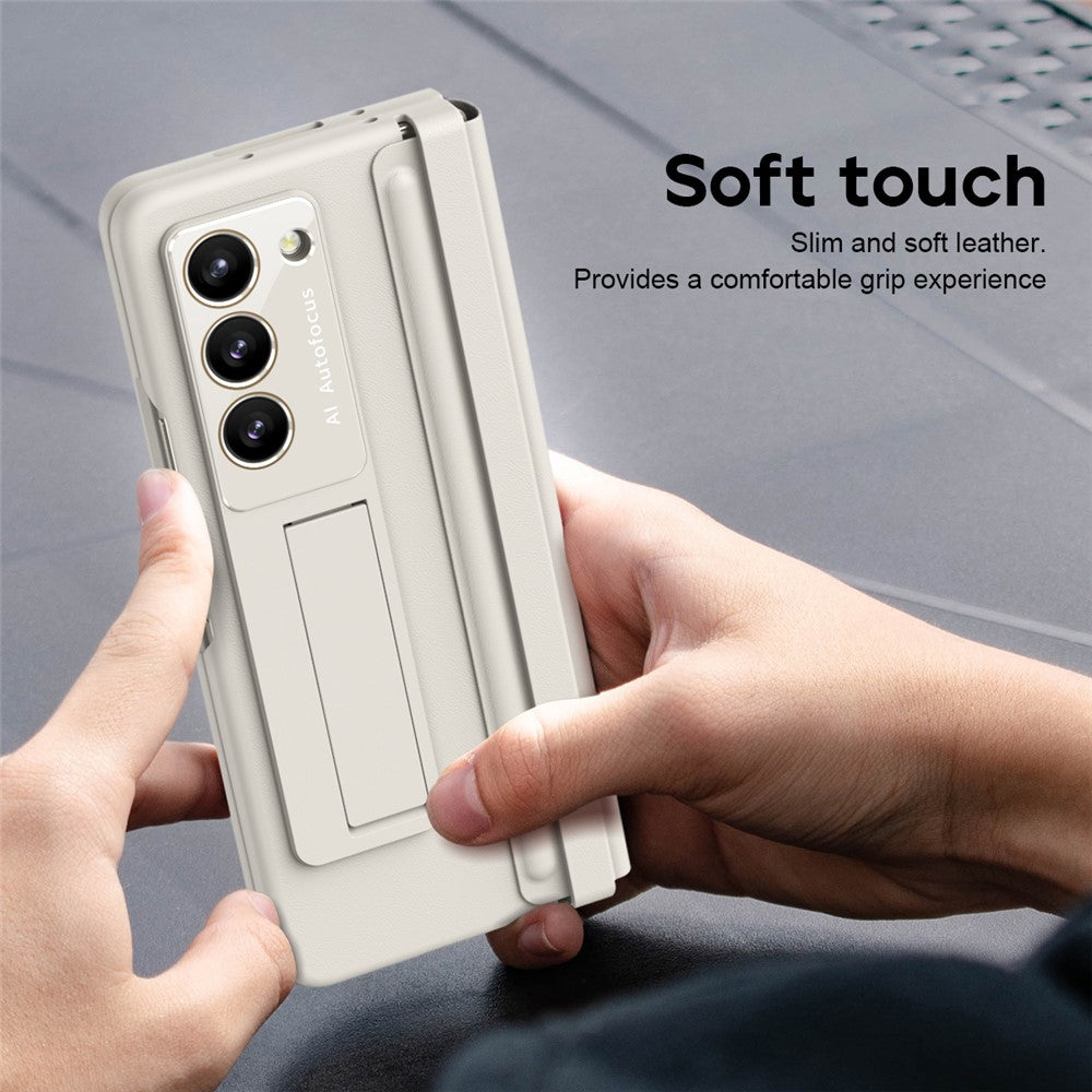 Til Samsung Galaxy Z Fold6 5G Etui Hængsel Læder+PC Stander Telefoncover med Hærdet Glasfilm