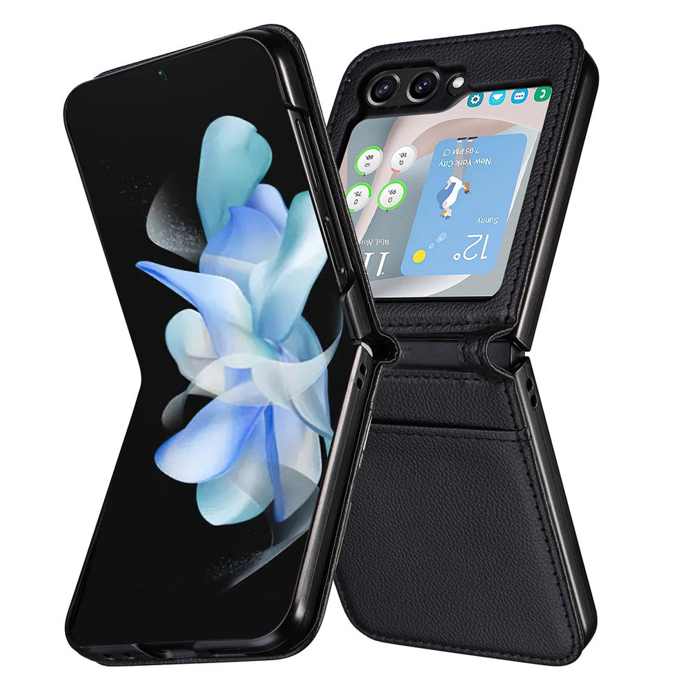 Samsung Galaxy Z Flip7 FE 5G / Z Flip6 5G-skal i litchi-textur av PU-läder + PC-kortplats för mobil