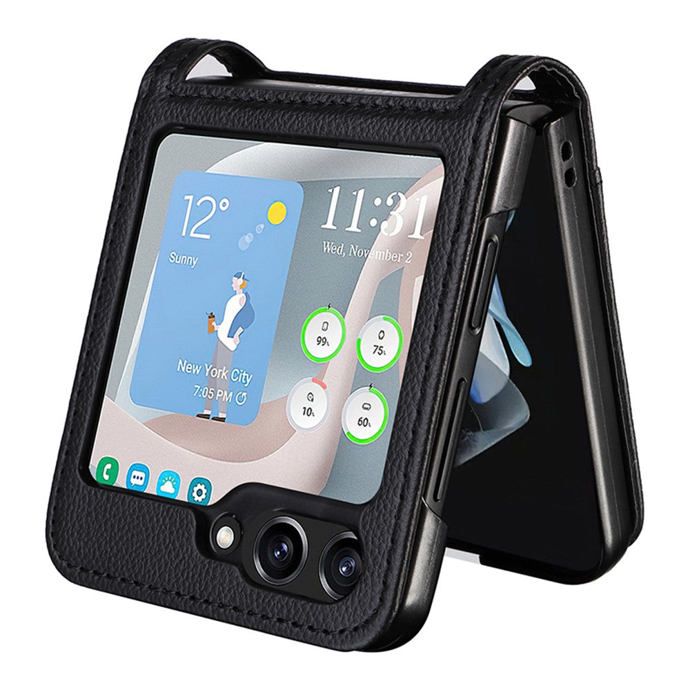 Samsung Galaxy Z Flip7 FE 5G / Z Flip6 5G-skal i litchi-textur av PU-läder + PC-kortplats för mobil