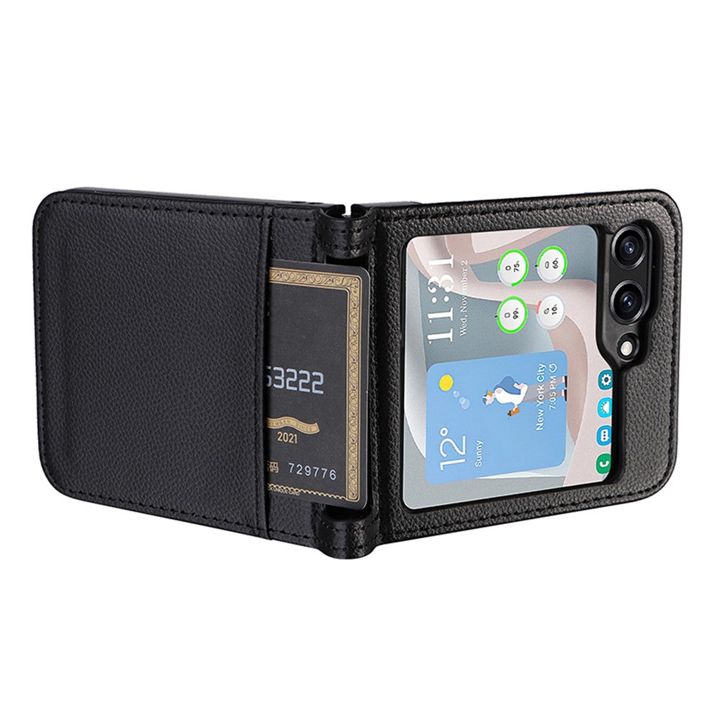 Samsung Galaxy Z Flip7 FE 5G / Z Flip6 5G-skal i litchi-textur av PU-läder + PC-kortplats för mobil