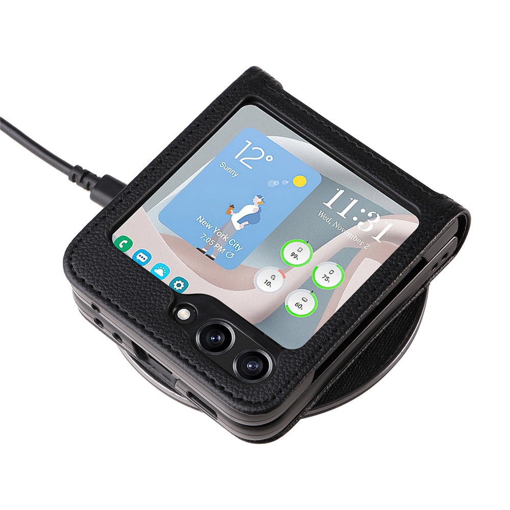 Samsung Galaxy Z Flip7 FE 5G / Z Flip6 5G-skal i litchi-textur av PU-läder + PC-kortplats för mobil