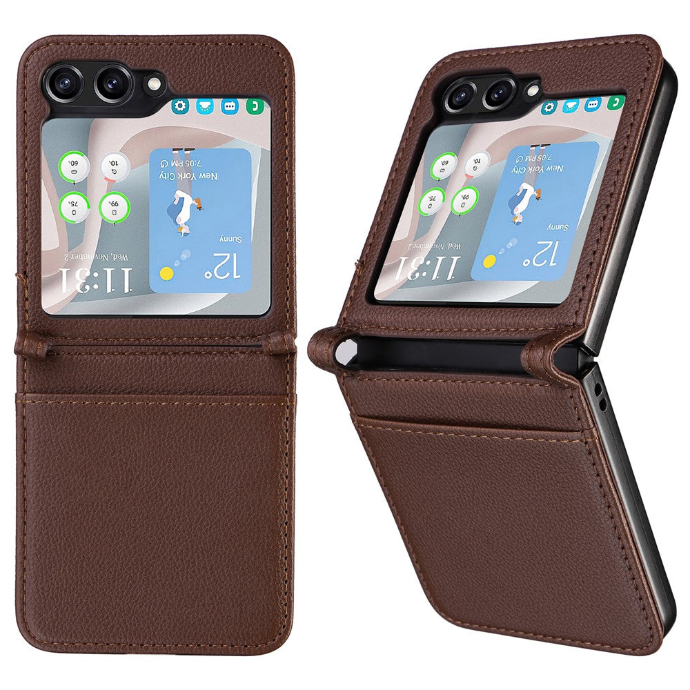 Samsung Galaxy Z Flip7 FE 5G / Z Flip6 5G-skal i litchi-textur av PU-läder + PC-kortplats för mobil
