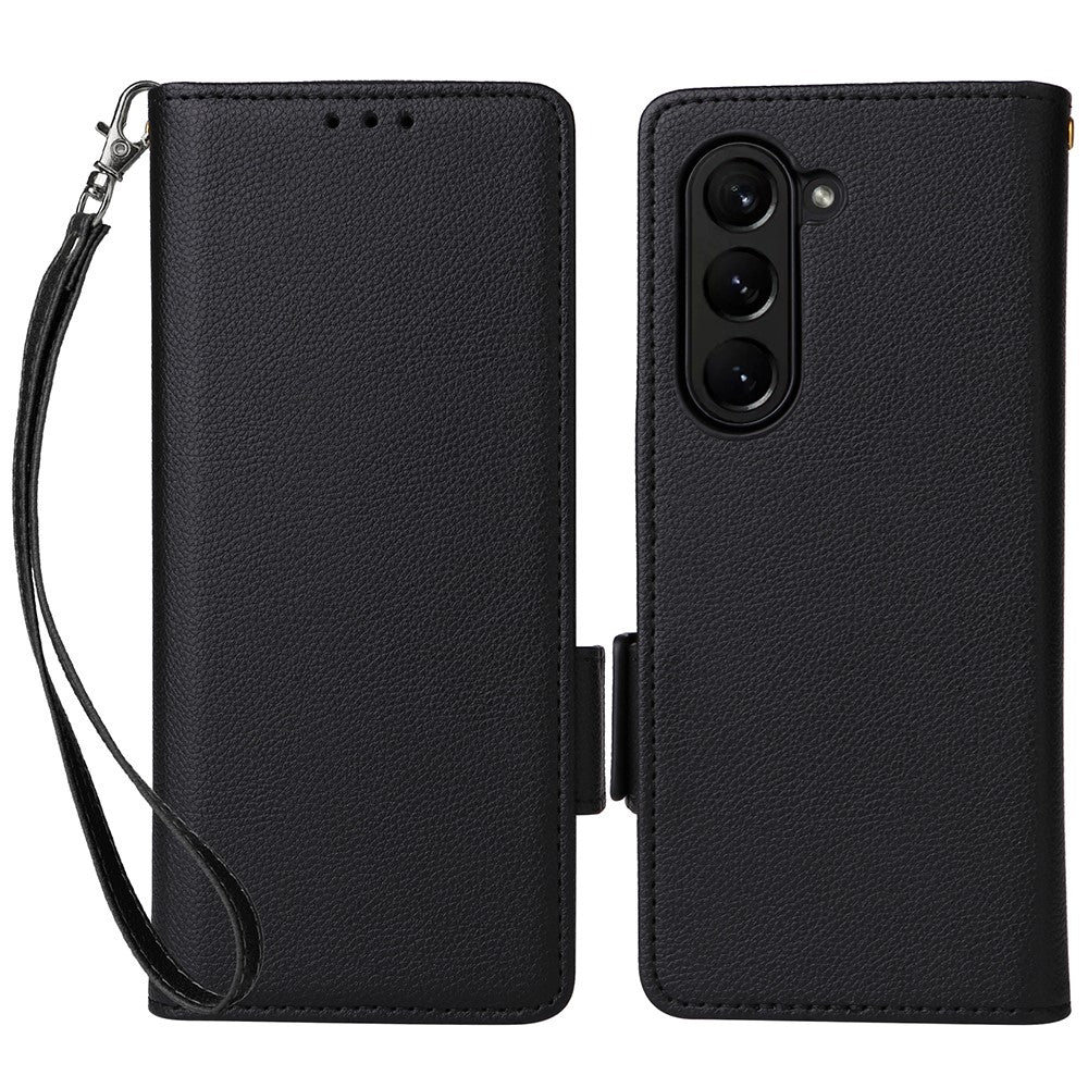 For Samsung Galaxy Z Fold6 5G Case with Wrist Strap Litchi Texture PU Leather Wallet Phone Cover