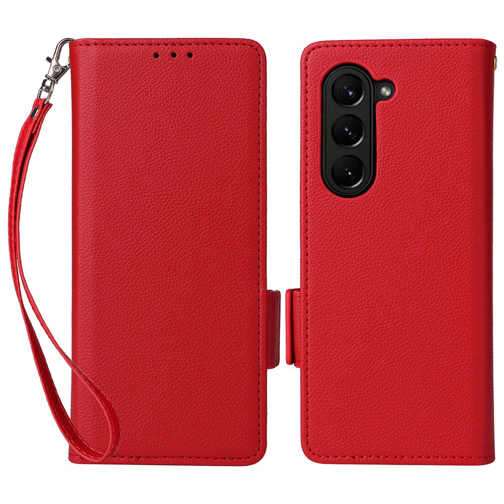 For Samsung Galaxy Z Fold6 5G Case with Wrist Strap Litchi Texture PU Leather Wallet Phone Cover