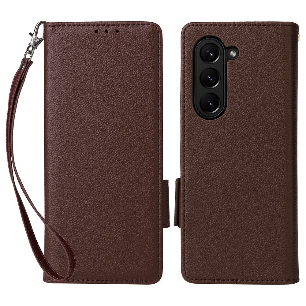 For Samsung Galaxy Z Fold6 5G Case with Wrist Strap Litchi Texture PU Leather Wallet Phone Cover