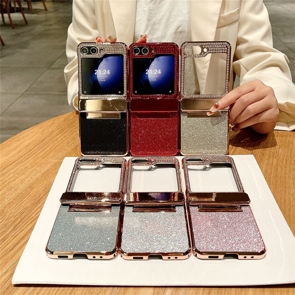 Samsung Galaxy Z Flip7 FE 5G / Z Flip6 5G / Z Flip5 5G-cover, glitter-bling PU-læder + hård PC-bagside