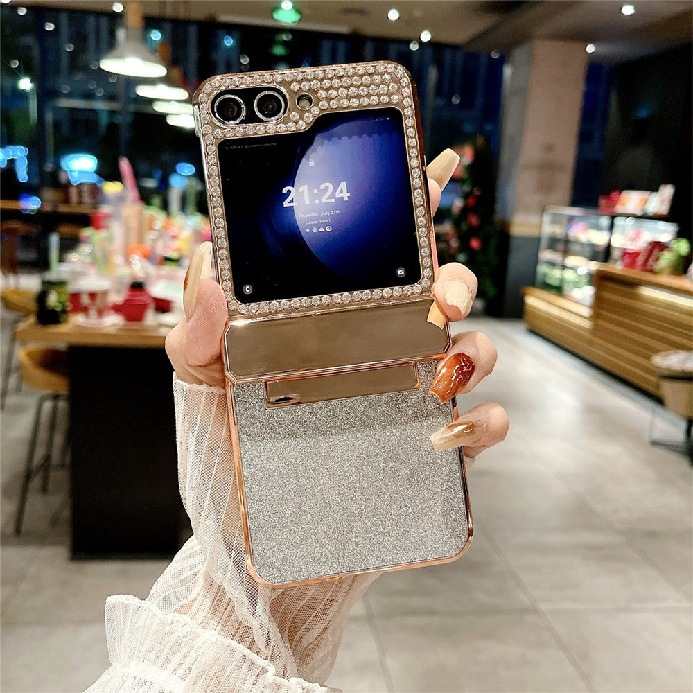 Samsung Galaxy Z Flip7 FE 5G / Z Flip6 5G / Z Flip5 5G-cover, glitter-bling PU-læder + hård PC-bagside