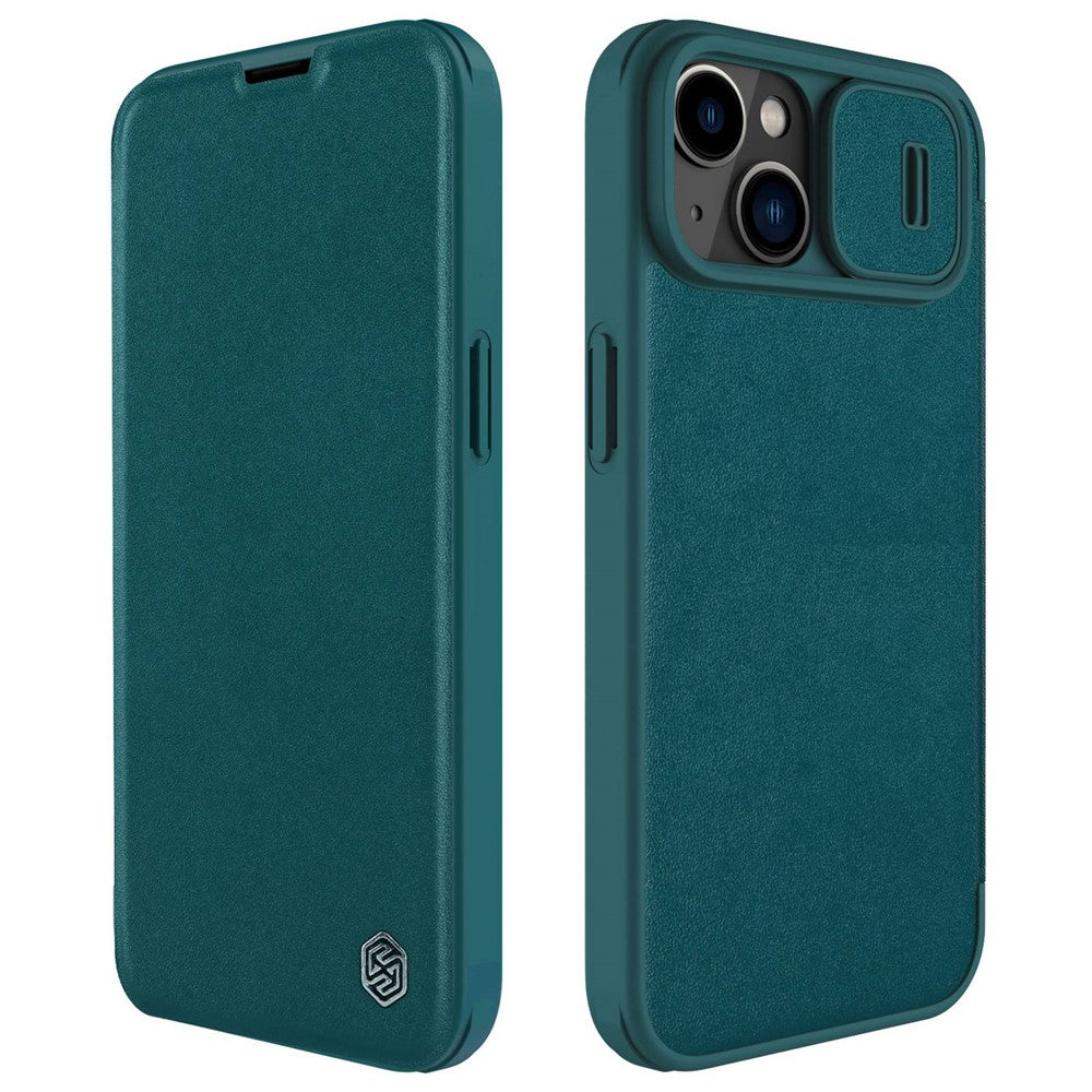 NILLKIN Qin Pro-serie til iPhone 14 Plus telefoncover med stoftekstur, skydelåge til linsebeskyttelse, PU-læder, ridsefast etui og kortholder