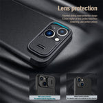NILLKIN Qin Pro Series for iPhone 14 Plus Cloth Texture Phone Case with Sliding Lens Protection Cover PU Leather Anti-scratch Shell Card Holder