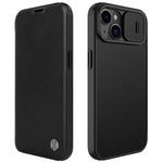 NILLKIN Qin Pro Series for iPhone 14 Plus Cloth Texture Phone Case with Sliding Lens Protection Cover PU Leather Anti-scratch Shell Card Holder