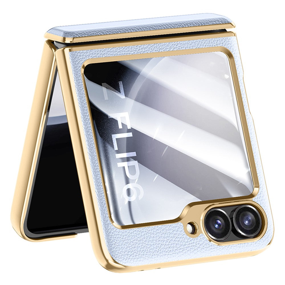 Samsung Galaxy Z Flip7 FE 5G / Z Flip6 5G-mobilcover med hængselbeskyttende læderbagside og film til bagskærmen