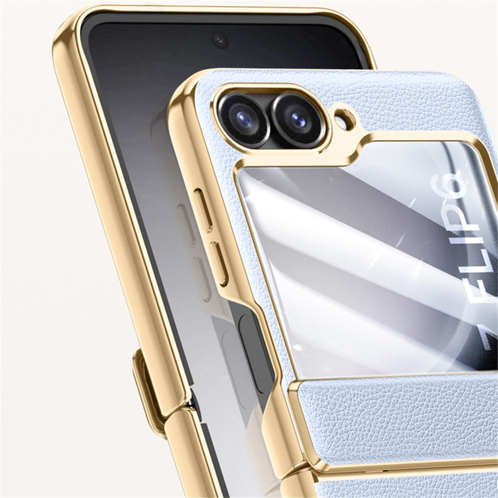 Samsung Galaxy Z Flip7 FE 5G / Z Flip6 5G-mobilcover med hængselbeskyttende læderbagside og film til bagskærmen