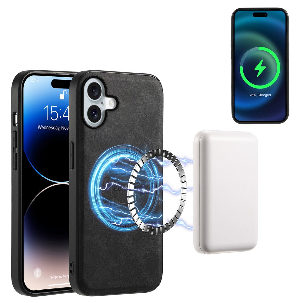 DENIOR A11 For iPhone 16 Plus Magnetic Case Leather+PC+TPU Anti-Scratch Retro Phone Cover