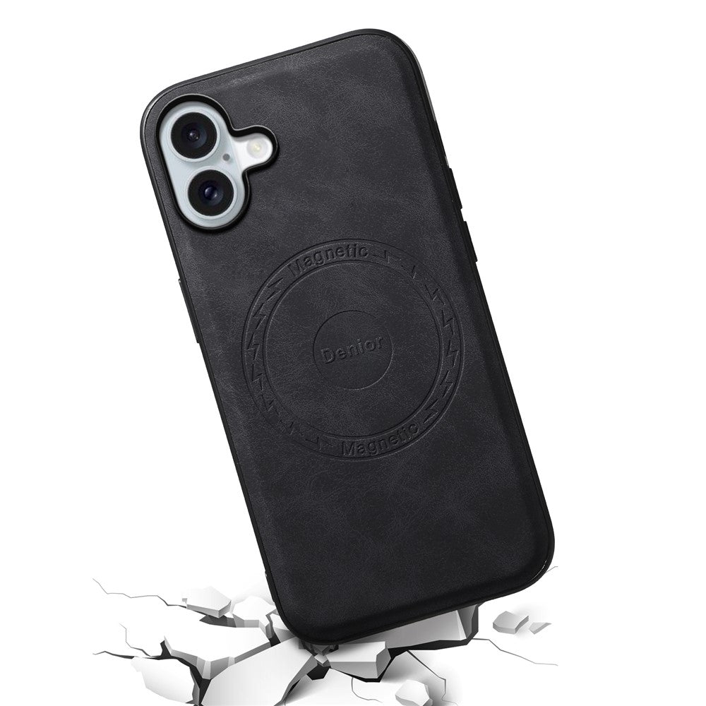 DENIOR A11 For iPhone 16 Plus Magnetic Case Leather+PC+TPU Anti-Scratch Retro Phone Cover
