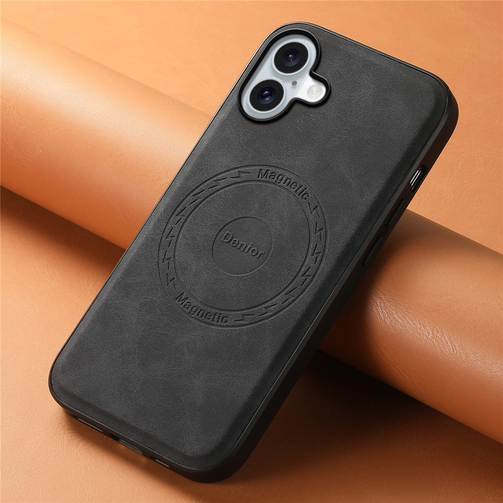DENIOR A11 For iPhone 16 Plus Magnetic Case Leather+PC+TPU Anti-Scratch Retro Phone Cover