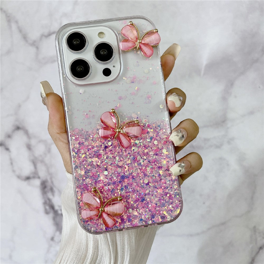 For iPhone 14 Pro Max Case 3D Butterflies Epoxy TPU Phone Cover Luminous Effect