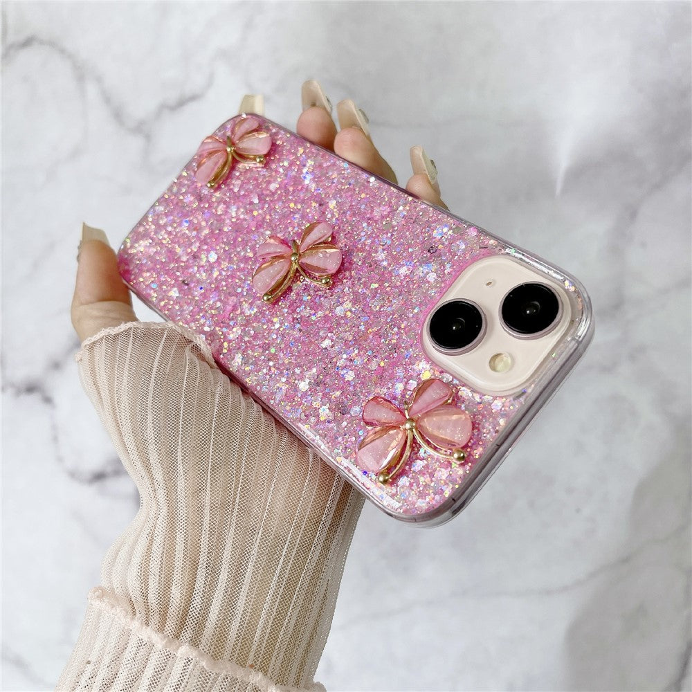 For iPhone 15 Plus Case Epoxy TPU Phone Cover Starry Sequins 3D Butterflies