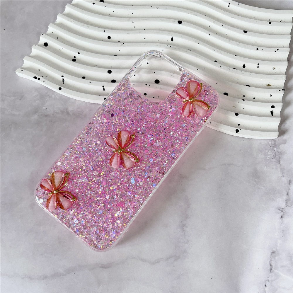 For iPhone 15 Plus Case Epoxy TPU Phone Cover Starry Sequins 3D Butterflies