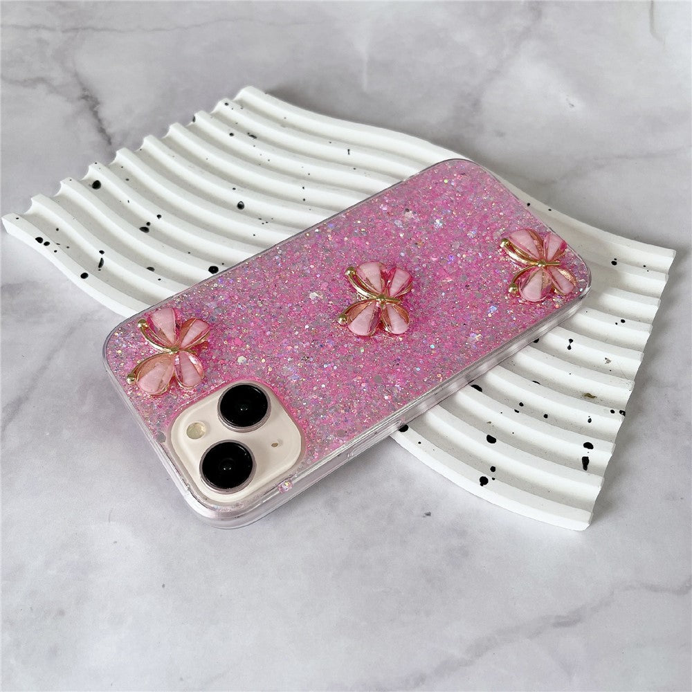 For iPhone 15 Plus Case Epoxy TPU Phone Cover Starry Sequins 3D Butterflies
