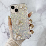 For iPhone 15 Plus Case Epoxy TPU Phone Cover Starry Sequins 3D Butterflies