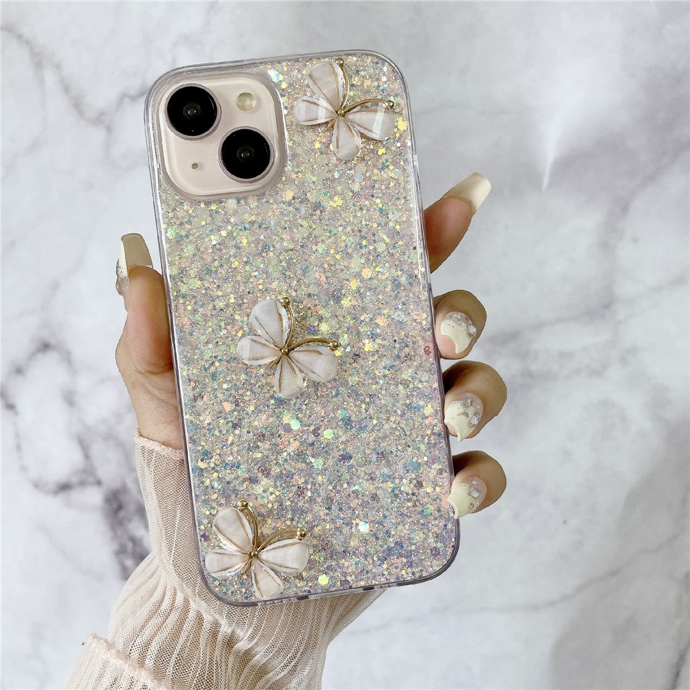 For iPhone 15 Plus Case Epoxy TPU Phone Cover Starry Sequins 3D Butterflies